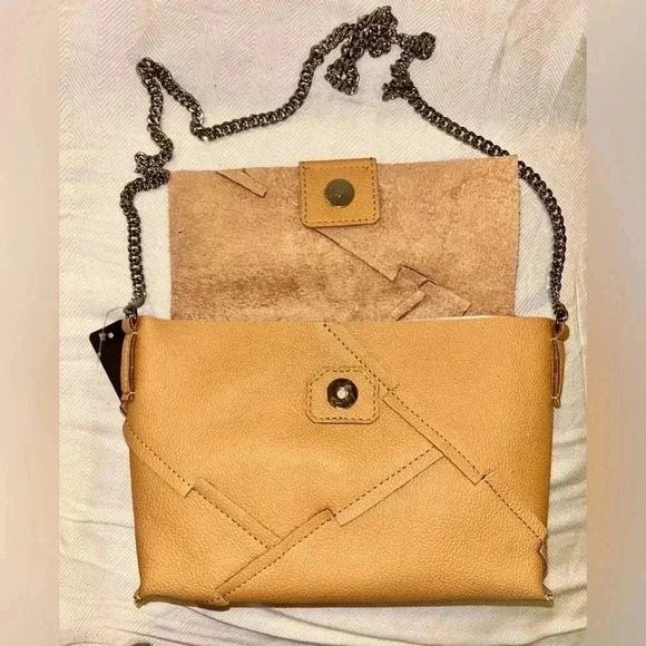 FALOR Genuine Tan Italian Leather Geometric Stitch Crossbody Clutch - Picture 4 of 7